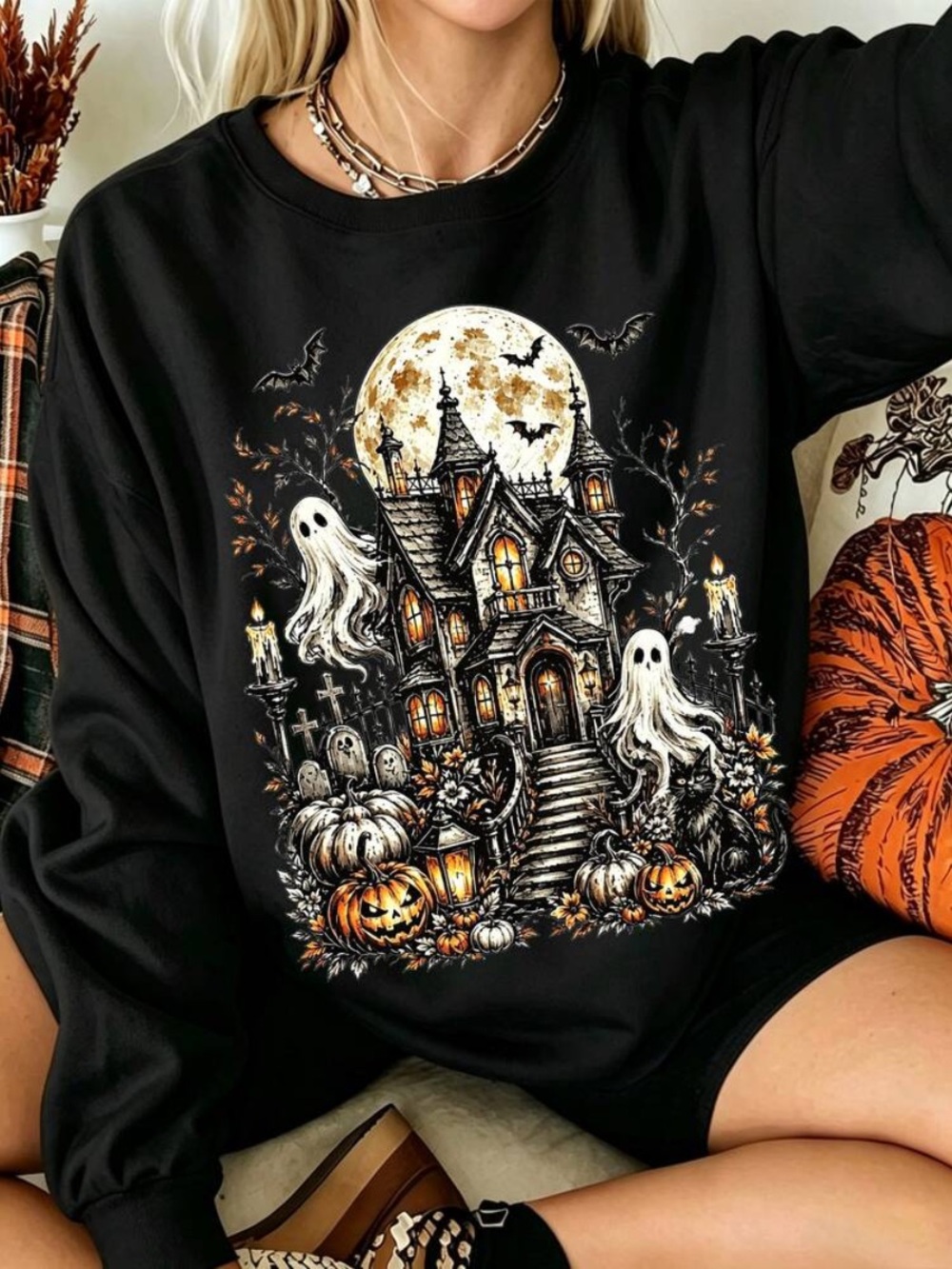 Black Halloween Haunted House Graphic Sweatshirt with Orange Accents